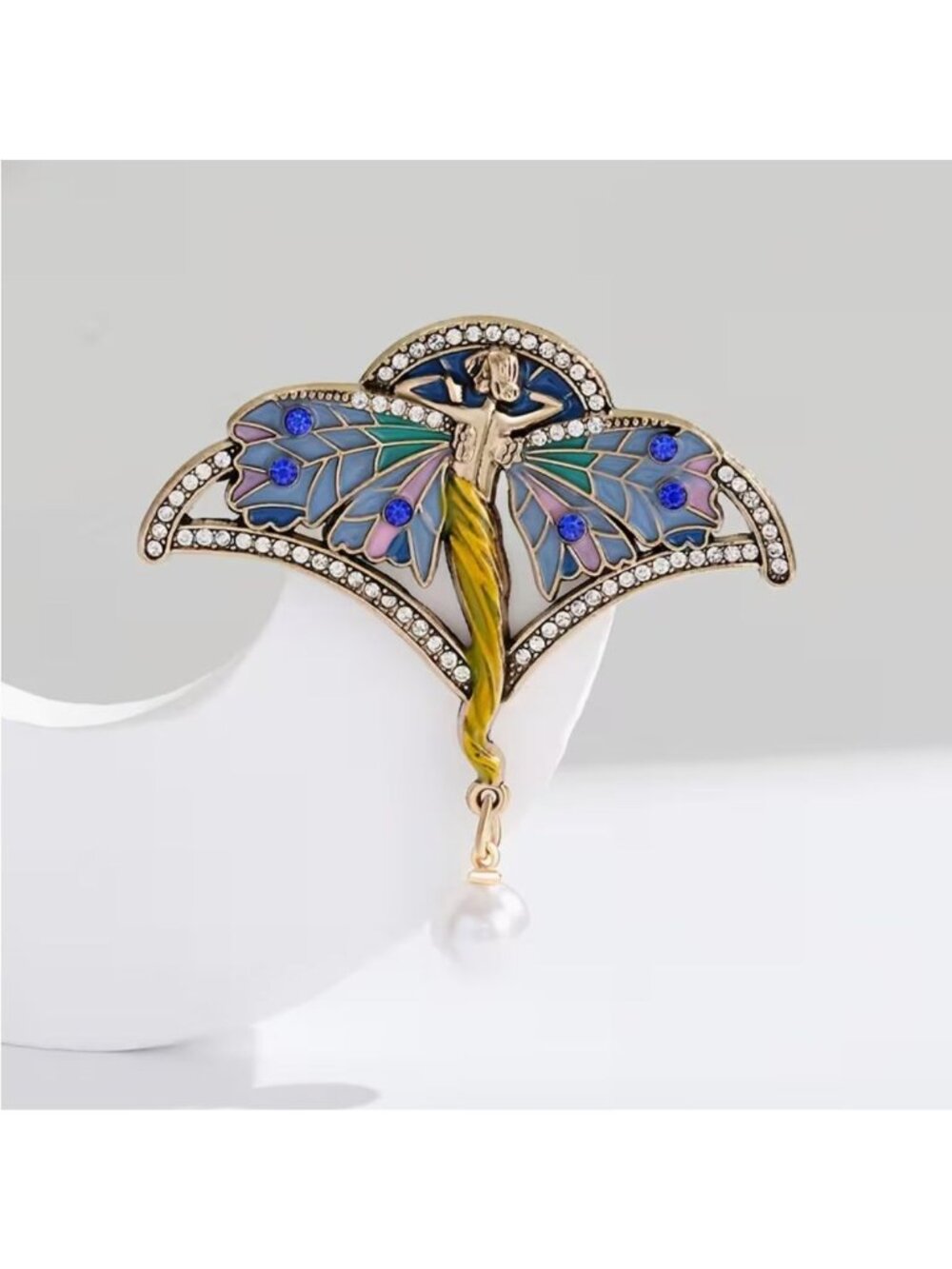 Art Nouveau Style Butterfly Lady Brooch Enamel & Crystal Gold Tone